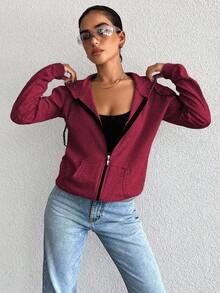 EURMUSE 100%Cotton Zip Up Solid Pocket Front Casual Drawstring Hoodie - Burgundy - View 5
