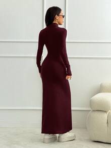 SHEIN PETITE 女士优雅纯色高领长袖修身连衣裙，春夏长裙，黑色长裙，夏季性感长裙，长袖长裙 - 酒紅色 - 查看 3
