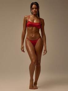 MUSERA ESSENTIALS Red Lace Scoop Neck Bralette & High Leg G-String Thong Multipack Set  Sexy Lingerie Date Cute Evening Essential Spring Summer Vacation Holiday - Red - View 5