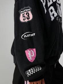 Missguided x Playboy Oversized Washed Distressed Graphic Full Zip Hooded Sweatshirt With Drawstring And Centre Pocket - Black - View 7