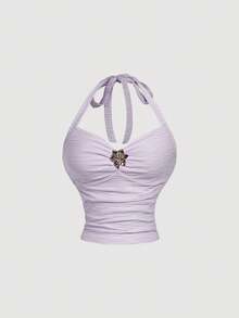 SHEIN MOD 2pcs/Set Women Jacquard Halter Top And Skirt - Lilac Purple - View 5