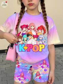 SHEIN 2件套少女休闲时尚彩色K-POP女团字母星星印花圆领短袖T恤和短裤套装，适合度假、派对、日常穿着、演唱会等场合。 - 彩色 - 查看 2