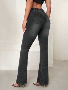 SHEIN Essnce Quần jean Eo chồng lên Bootcut Leg - màu đen - Xem 2