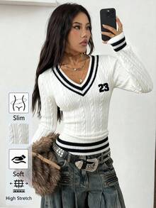 Coolane 休闲简约学院风条纹23号刺绣V领女式修身薄款毛衣 - 复古学院风，适合上学、宿舍、运动、聚会、约会、秋冬季节穿着，春季也同样百搭，柔软舒适 - 彩色 - 查看 6