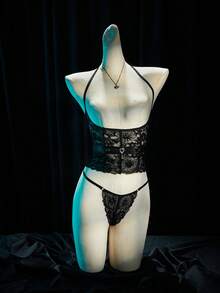 SpicyHot 2件套女士性感蕾丝文胸和丁字裤套装 - 黑色 - 查看 6