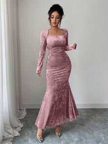 Elenzga 女士高领丝绒金色弹力针织修身连衣裙，优雅褶皱腰身鱼尾下摆，适合工作、约会、派对等场合，长袖，及地长款，秋冬季 - 粉色 - 查看 3