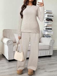 SHEIN 条纹修身套装：圆领长袖T恤和可调节腰围阔腿裤 - 杏色 - 查看 3