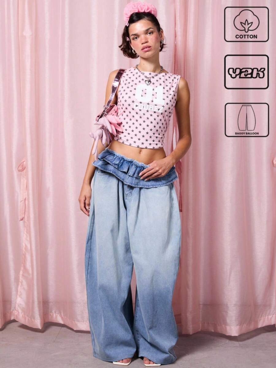 COUREZ 宽松气球牛仔裤，荷叶边裤脚/Y2K夏季女装下装，低腰牛仔裤 - 淺色水洗藍 - 查看 1