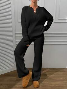 EURMUSE V Neck Sweater And Pant Casual Elegant - Black - View 6