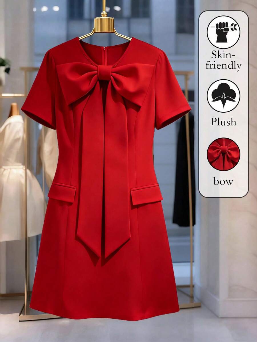 GlowEve CURVE Plus Size Women's Bow Decoration Short Sleeved Dress, Suitable For Dating, Tie Up Bow Short Sleeved Elegant Mini Dress, Red Dress, Women's Valentine's Day Outfit, Party And Wedding Dress, Chinese New Year