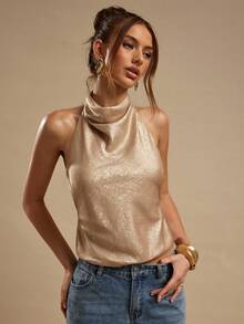 SHEIN BAE Women's Solid Color Gold Plunging Neck Backless Halter Tank Top, Sexy & Elegant Camisole - Gold - View 6