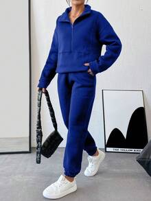 SHEIN Cottnline Half Zipper Drop Shoulder Sweatshirt Set With Jogger Pants,Winter,Fleeze - Royal Blue - View 6