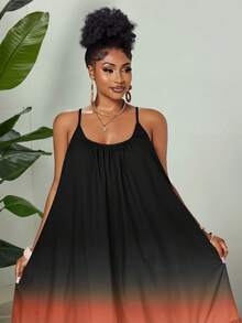 Eryvara 女士休闲度假沙滩旅行吊带圆领彩色扎染印花波西米亚风拼接A字荷叶边长裙，适合所有季节 - 紅色 - 查看 7