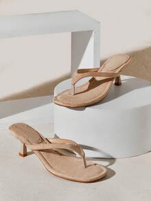 SHUZIA Women's Minimalist Comfortable Round Toe Kitten Heel Faux Suede Thong Sandal - Beige - View 1