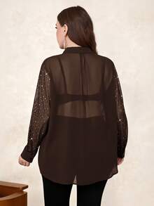 Chikora Plus Size Rhinestone Decor Sheer Long Sleeve Shirt Plus Size Shirts And Blouses - Brown - View 2