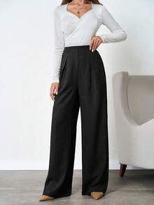 SHEIN Tall 100%Cotton Tall Women's Linen Beige Wide Leg Pants - Black - View 6