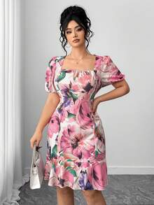 Elenzga فستان نسائي كبير الحجم أنيق ذو طبعة زهرية رومانسية، بياقة مربعة وذيل مكسر، مناسب لعيد الحب - متعدد الألوان - مشاهدة 3