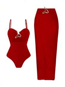 Swim Oasis 2pcs/Set Women Red Hollow Out Bandeau Strap Swimsuit & Beach Cover Up Skirt Set, 2025 New Leisure Summer Holiday Outfit - Red - View 8