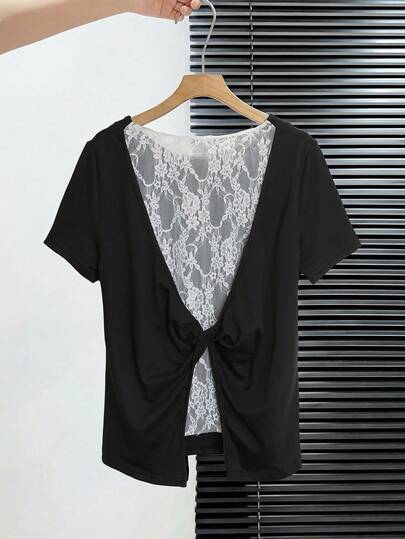Franclia Women's Elegant Twist Back Contrast Hollow Out Lace T-Shirt