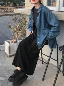 FRIFUL Chân váy dài nữ màu trơn, chất liệu có họa tiết, kiểu dáng thường ngày. - màu đen - Xem 3