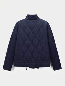 Comfortcana 女士藏蓝色立领菱形格纹口袋长袖羽绒服，冬季服装 - 藏蓝色 - 查看 2