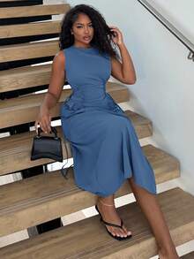 Alexandranx Black Date Night Lateral Cross Frenulum Solid Ruched Detail Long Dress - Baby Blue - View 6