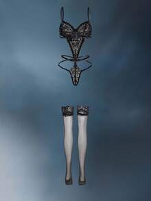 女士性感撞色蕾丝镂空连体衣搭配渔网袜内衣外衣外出