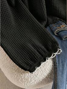 CosyJoli Plus Size Casual Round Neck Lace Patchwork Sheer Pullover T-Shirt For Spring, Black Tops - Black - View 4