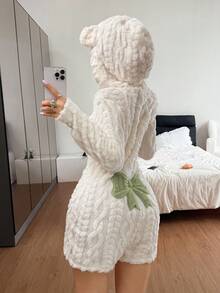 Dream Adore 动物造型连帽蝴蝶结提花抓绒女士连体睡衣 - 綠色 - 查看 2