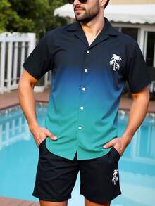 Surfspeed Bộ đồ đi biển nam gồm áo sơ mi ngắn tay và quần short in hình cây cọ. - xanh quân đội - Xem 5