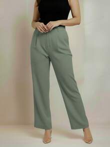 Pantalón formal dama sastrero tiro alto corte recto pierna ancha pretina cierre frontal bolsillos laterales acabado - Pistache - Ver 3