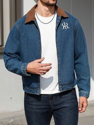Manfinity LEGND Men's Old Money Casual Minimalist Dark Washed Blue Fitted Embroidered Contrast Collar Spring/Autumn Denim Jacket, Perfect Holiday Gift For Boyfriend & Husband