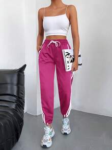 EURMUSE 95% Cotton Striped Side Seam Drawstring Waist Sweatpants - Hot Pink - View 3