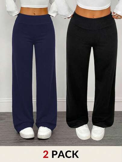 SHEIN PETITE 2 piezas Pantalones rectos de pierna ancha y cintura alta con doblez, adecuados para el verano