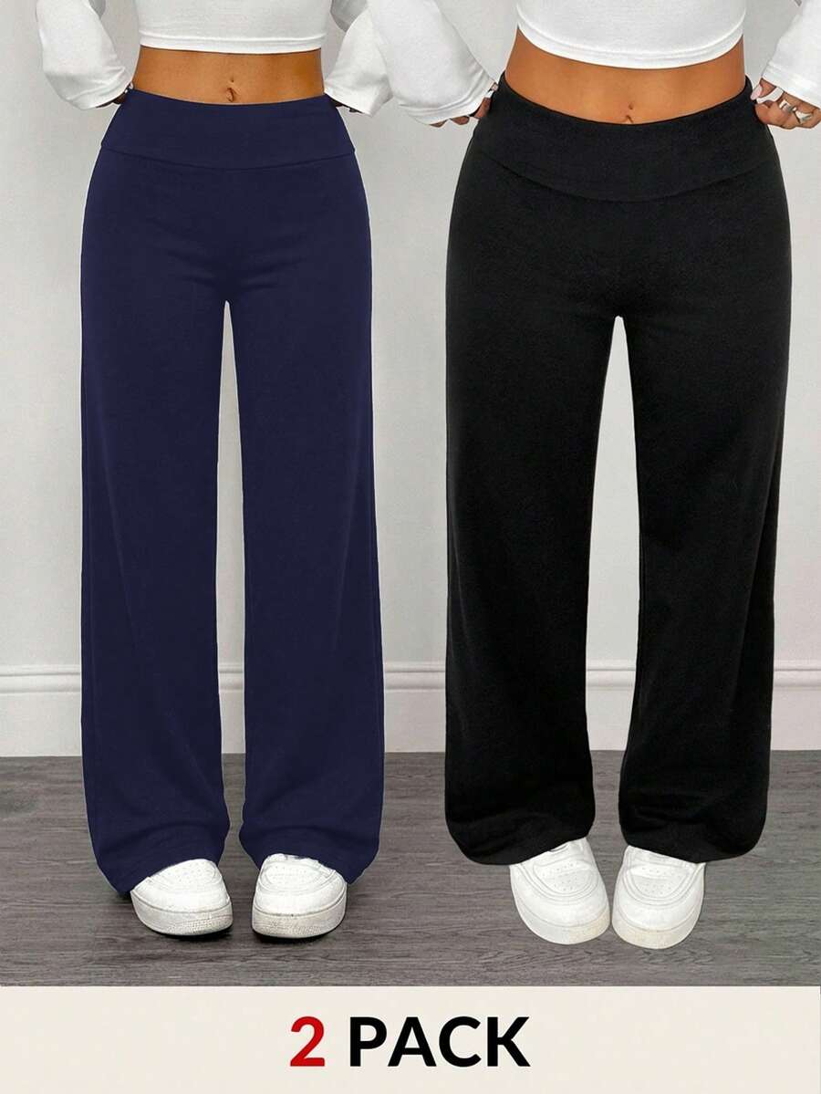 SHEIN PETITE 2件組女款休閒高腰翻折寬腿直筒長褲,適合夏季,小個子女性適用 - 彩色 - 查看 1