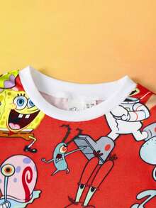 SpongeBob SquarePants | SHEIN 2件套男童卡通图案圆领长袖上衣和裤子贴身睡衣套装 - 紅色 - 查看 4