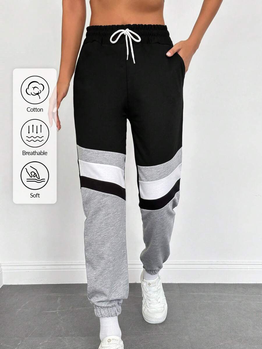 EURMUSE Pantalones de chándal con bloqueo de color, cintura con cordón y bolsillo en diagonal - Negro - Ver 1