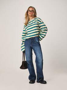 MISSGUIDED Áo thun dài tay cổ tròn kẻ sọc ngang dáng rộng dành cho nữ, chất liệu cotton pha, thoải mái, thích hợp mặc mùa thu đông. - Nhiều màu - Xem 3