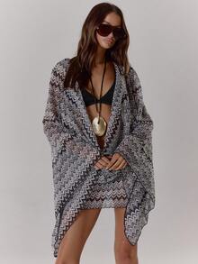 MUSERA 极致垂褶前襟长袖纹理图案钩编条纹迷你连衣裙 波西米亚风 节日 假日 海滩装 夏季度假 可爱 优雅 伊比沙岛 - 彩色 - 查看 4