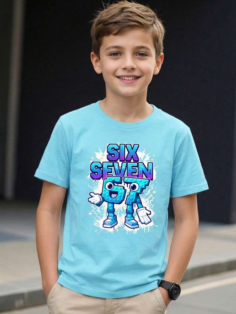 Playera para niño estilo urbano con estampado de caricatura algodón suave corte holgado manga corta verano uso escolar y al aire libre playera - Azul - Ver 1