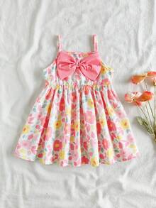 Vintaside Kids Babygirl Baby GirlSummer Sleeveless Casual Cute Bow Digital Print Dress, Suitable For Vacation, Beach, Or Camping - Pink - View 4