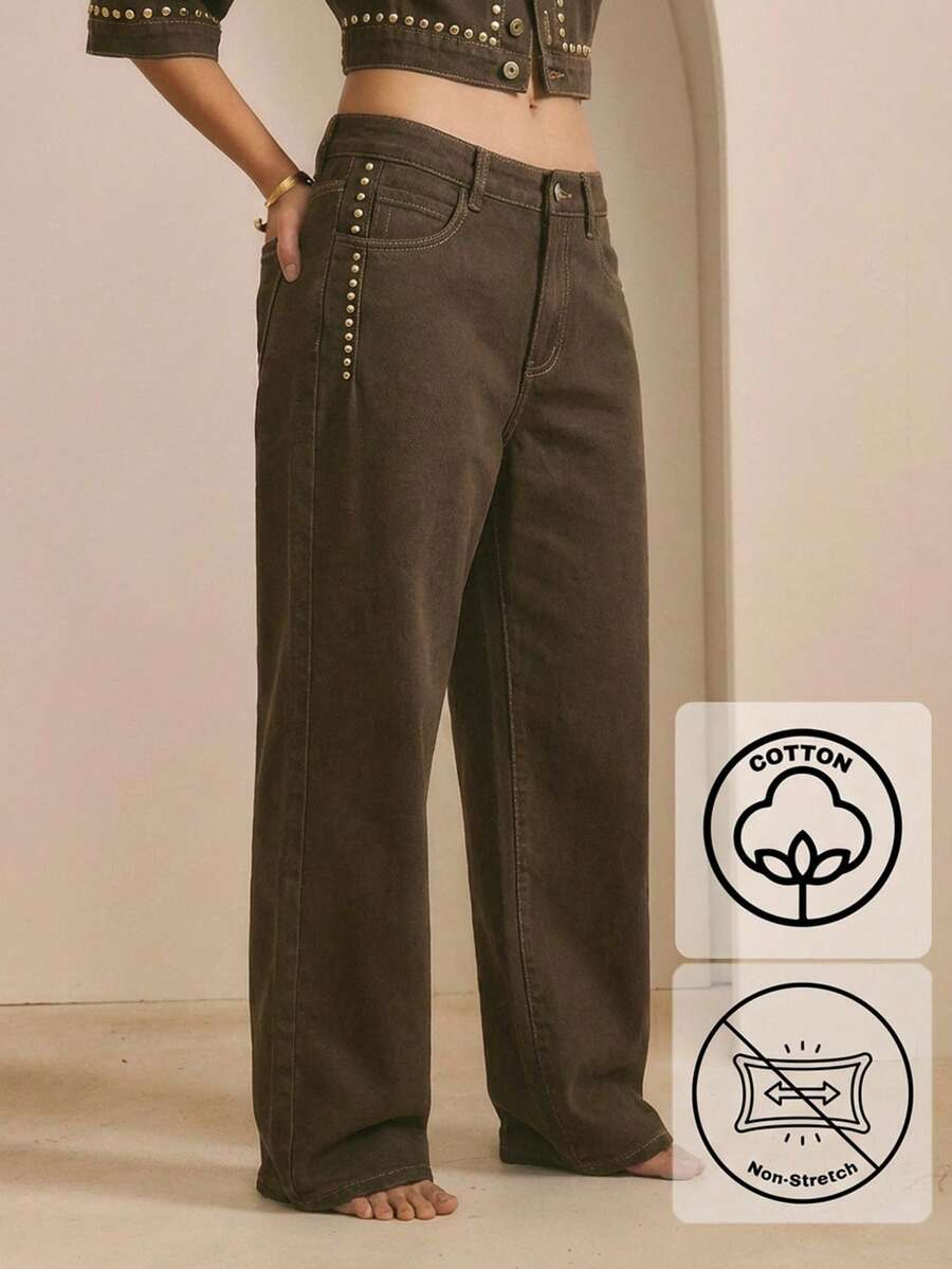 Aralina Pantalón vaquero de tiro bajo con detalles de tachuelas, para invierno/verano - Marrón Chocolate - Ver 1