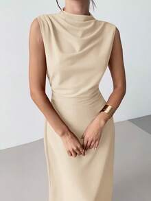 Firerie 女士优雅简约精致浪漫甜美日常通勤婚礼派对音乐节度假褶皱A字迷你连衣裙，红色吊带 - 米色 - 查看 2