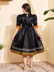 SHEIN Girls' Middle Eastern Traditional Arabic Dress,High-Quality Satin,Colorblock Orange & Black,Puff Sleeves,Waist Cinched,Elegant,Autumn Wedding Guest - Black - View 2