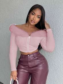 Alexandranx Off Shoulder Fuzzy Trim Crop Pink Jacket In Fall/Winter - Baby Pink - View 1