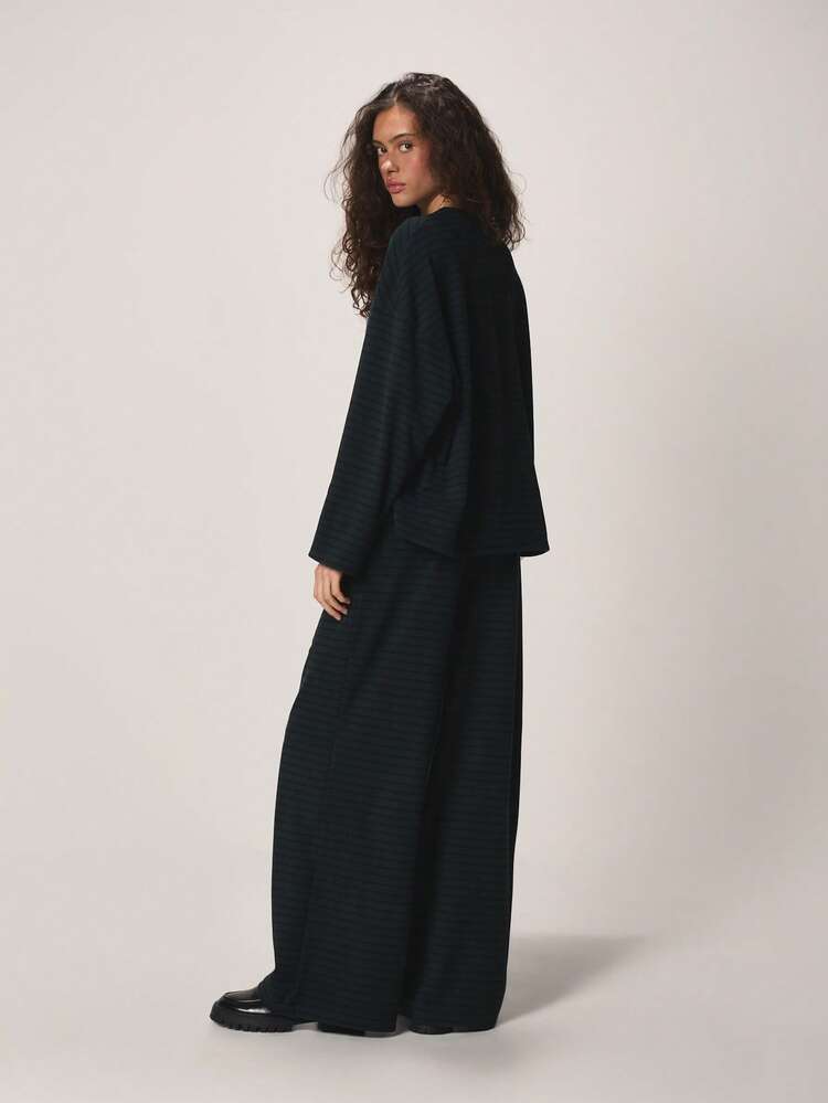 MISSGUIDED Ribbed Knit Long Sleeve Top And Wide Leg Pants Coordinating Set Loungewear Oversized Comfort Two Piece Outfit