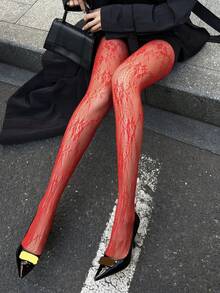 DAZY Women's Sexy Red Lace Sheer Leggings Y2k - Red - View 2