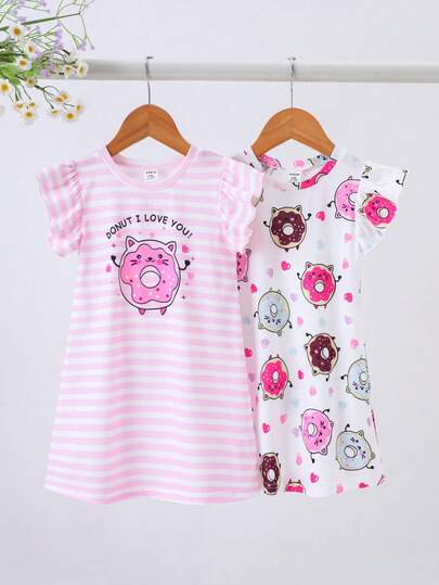 2 Pieces Baby Girl Colorful Cartoon Donut Print Cap Sleeve Nightgown Pajamas Set, Summer