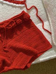 Swim Mod Women's 2pcs Cherry Pattern Halter Neck Sleeveless Red And White Coverup Set, Summer,Sweet,Cute,White Top,Spring Break Outfits - Red - View 3