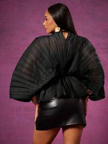Vixey Sheer Mock Neck Long Sleeve Peplum Hem Pleated Textured Organza Top - Black - View 4